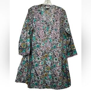 Soft Surroundings L Purple Turquoise Floral Embroidered V Neck Popover Tunic